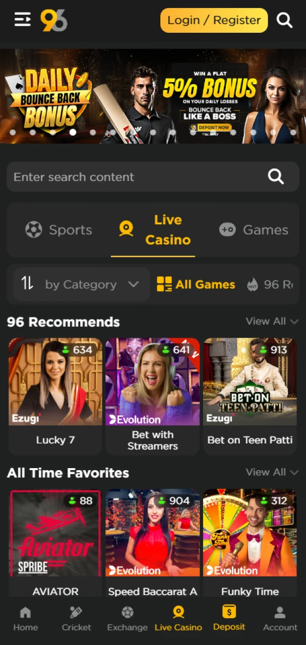 Play Live Casino games and win with 96in.