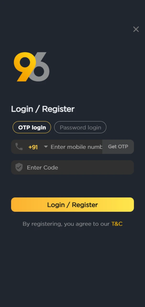 Register and log in to 96in using your mobile number.