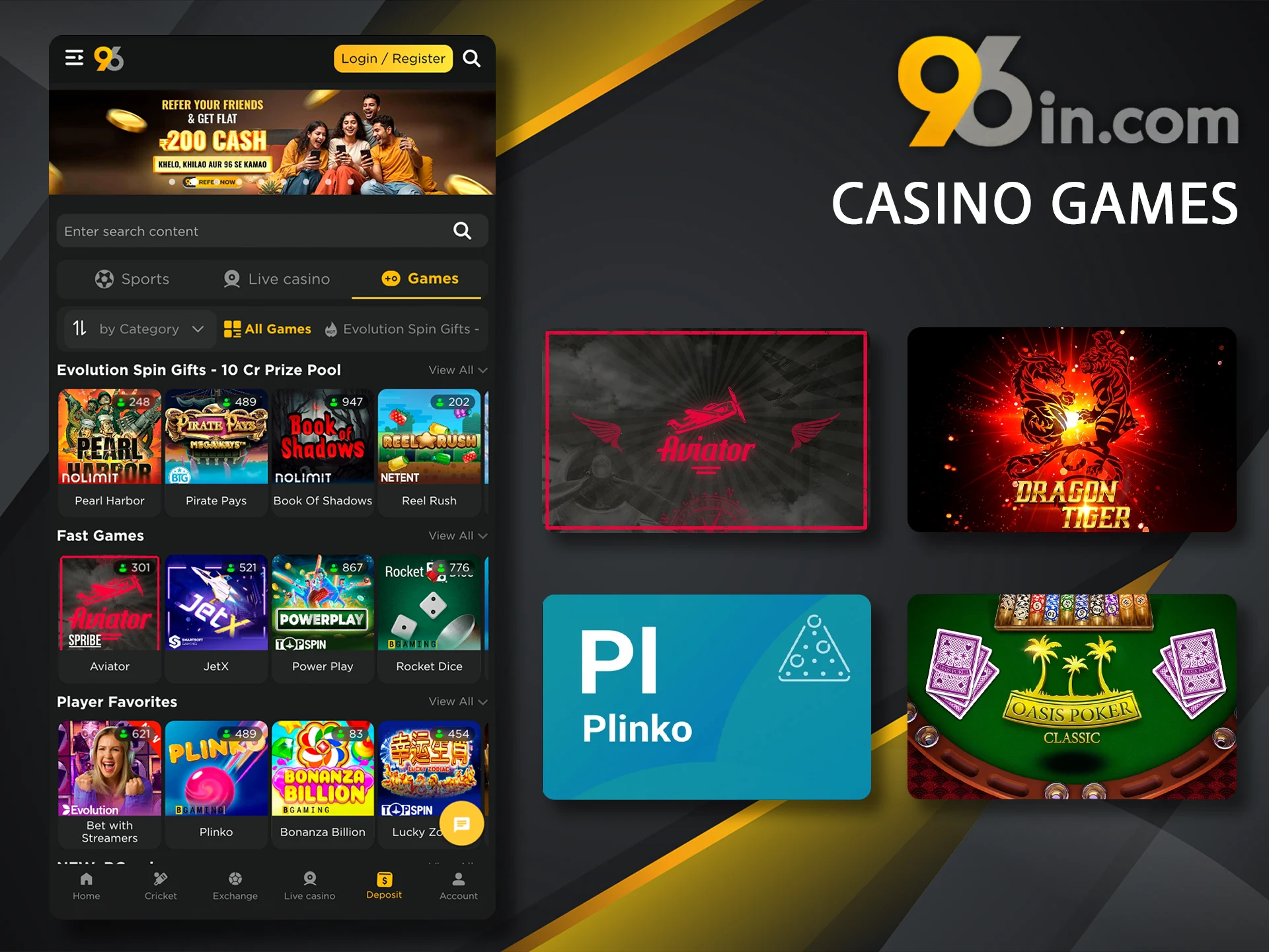 Bet on casino games using the convenient 96in app.