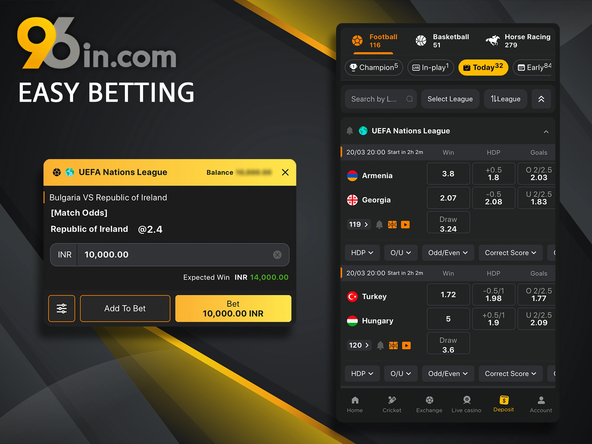 Place quick and easy sports bets on the 96in app.