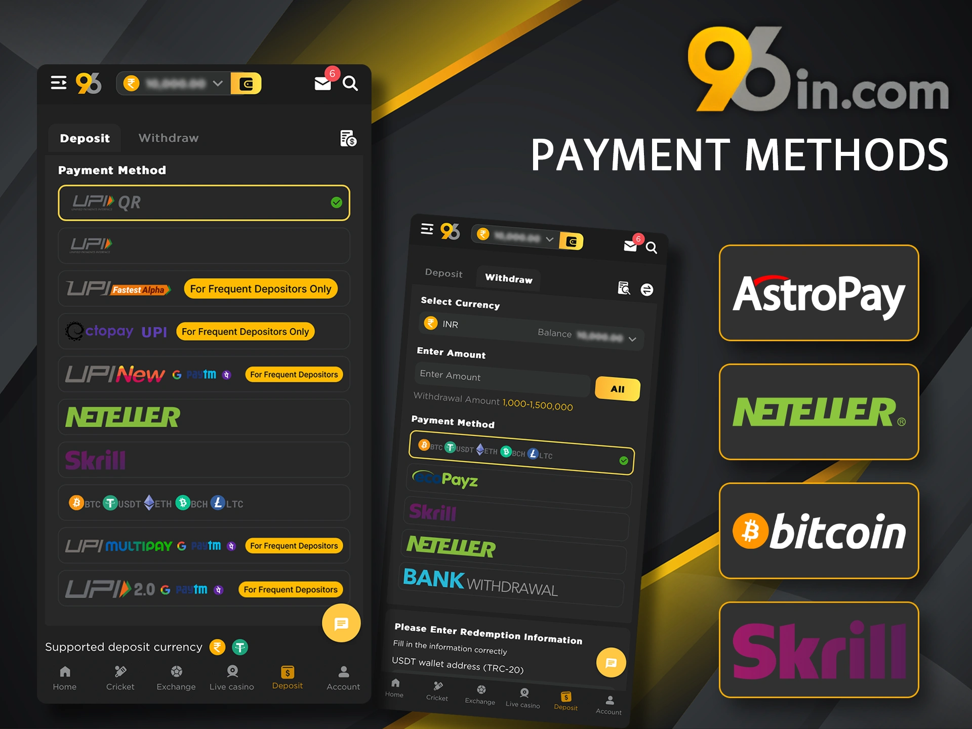 Deposit and withdraw money from your account in the 96in app.
