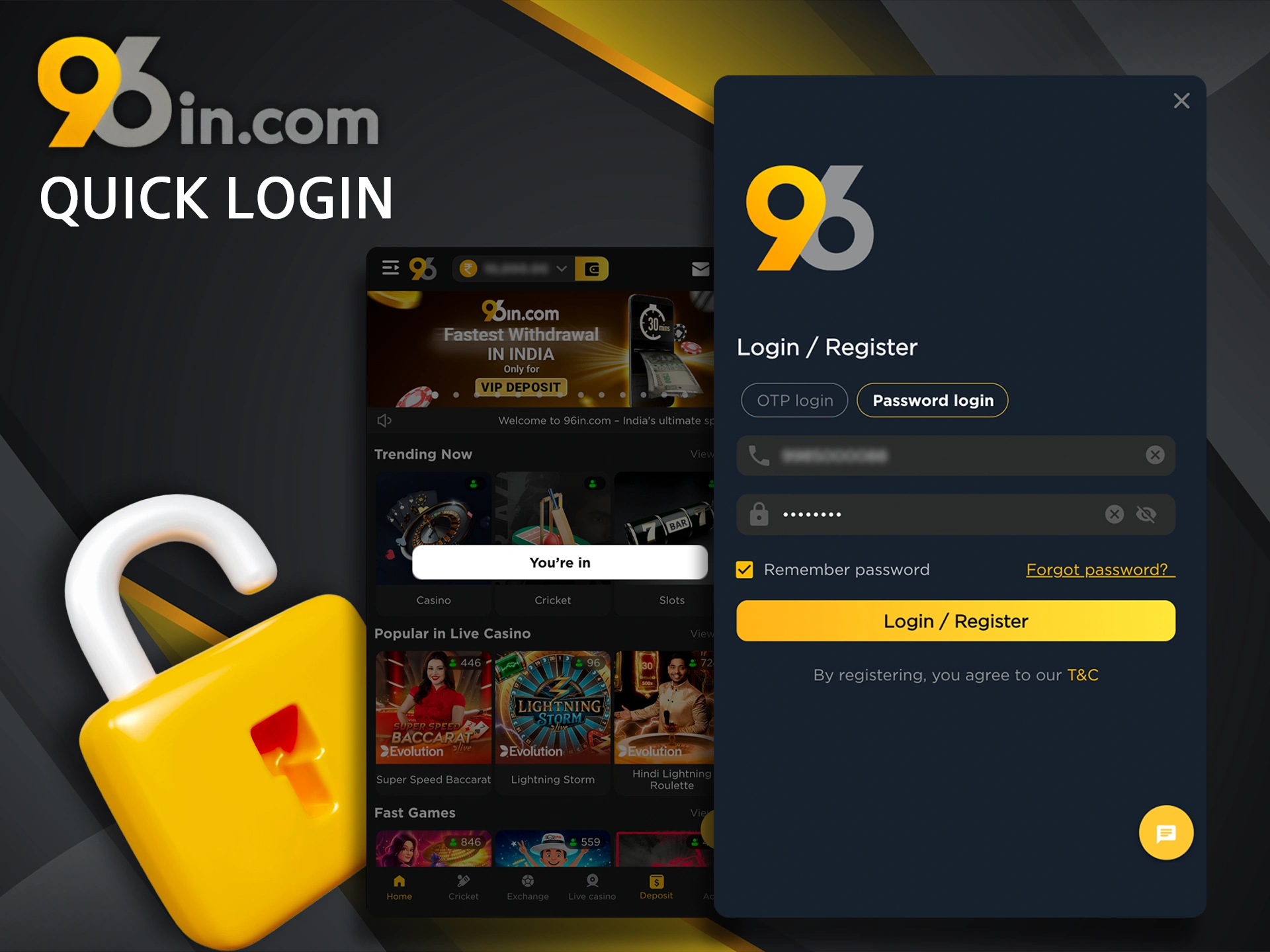 96in gives its players a quick account login option.