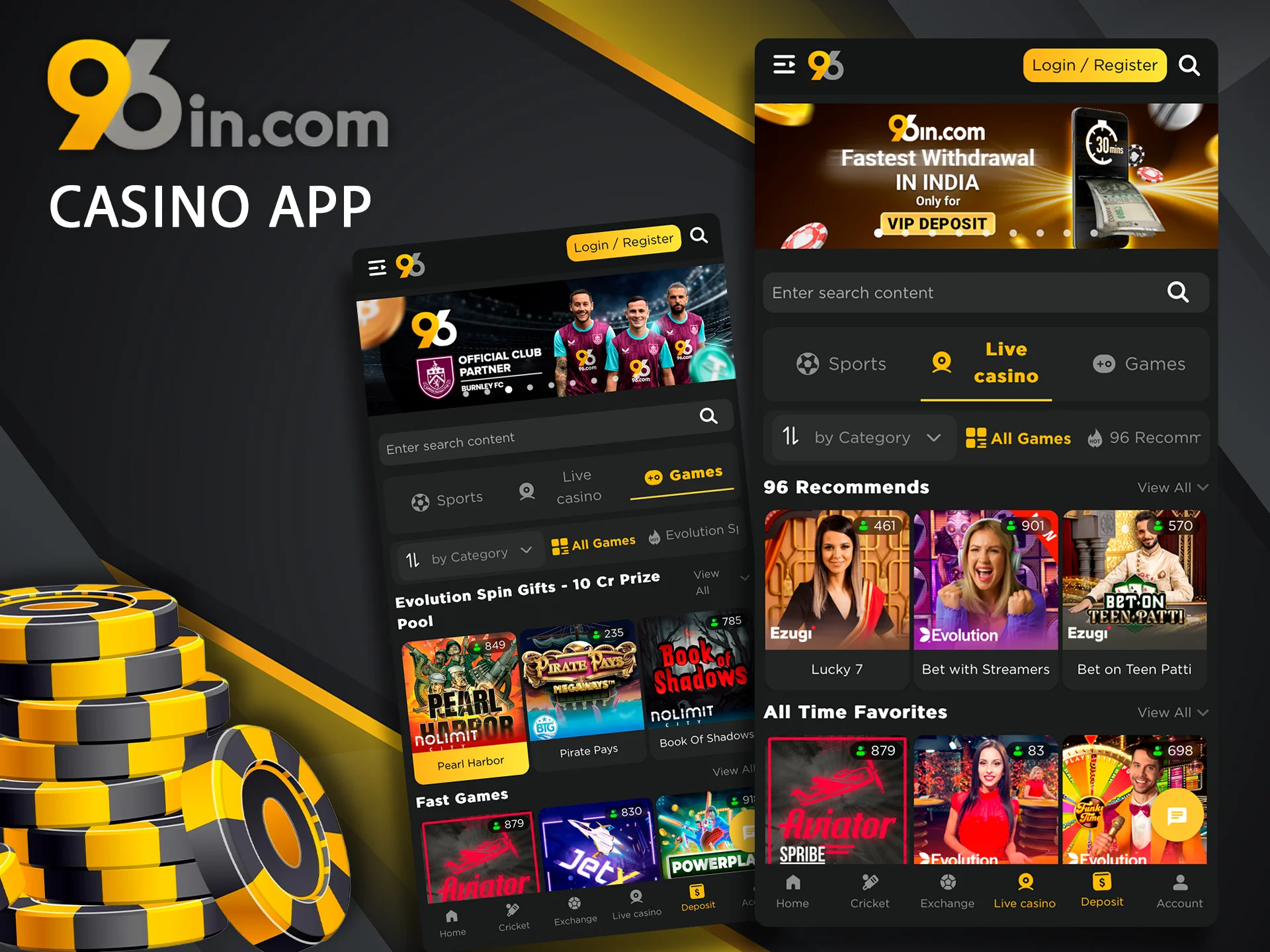 Find a personal favorite in the casino section of the 96in app.