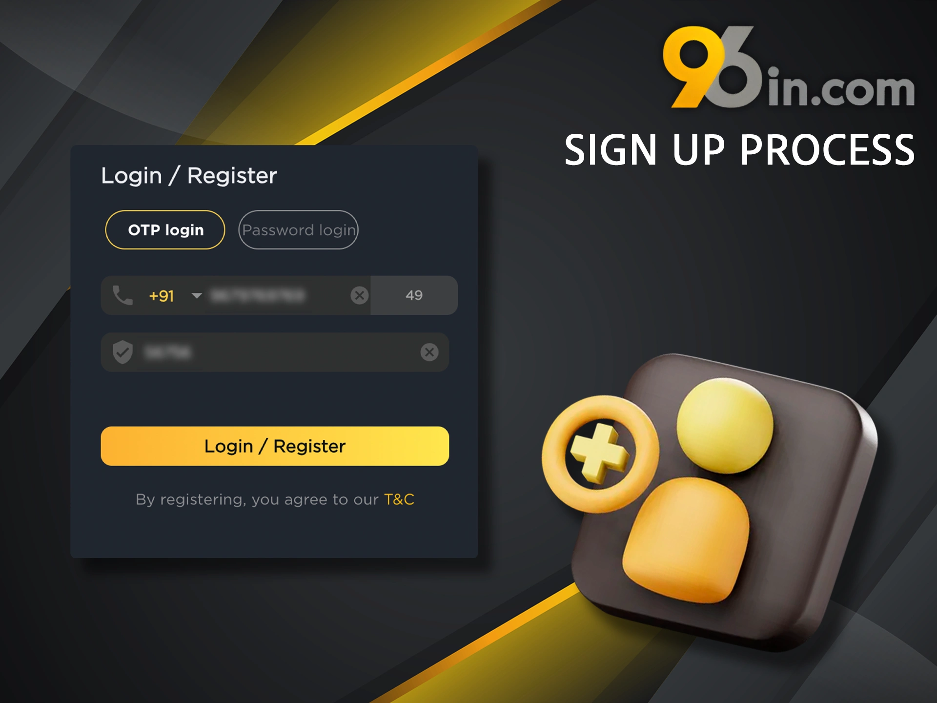 Go through the steps of registering an account to start playing 96in.