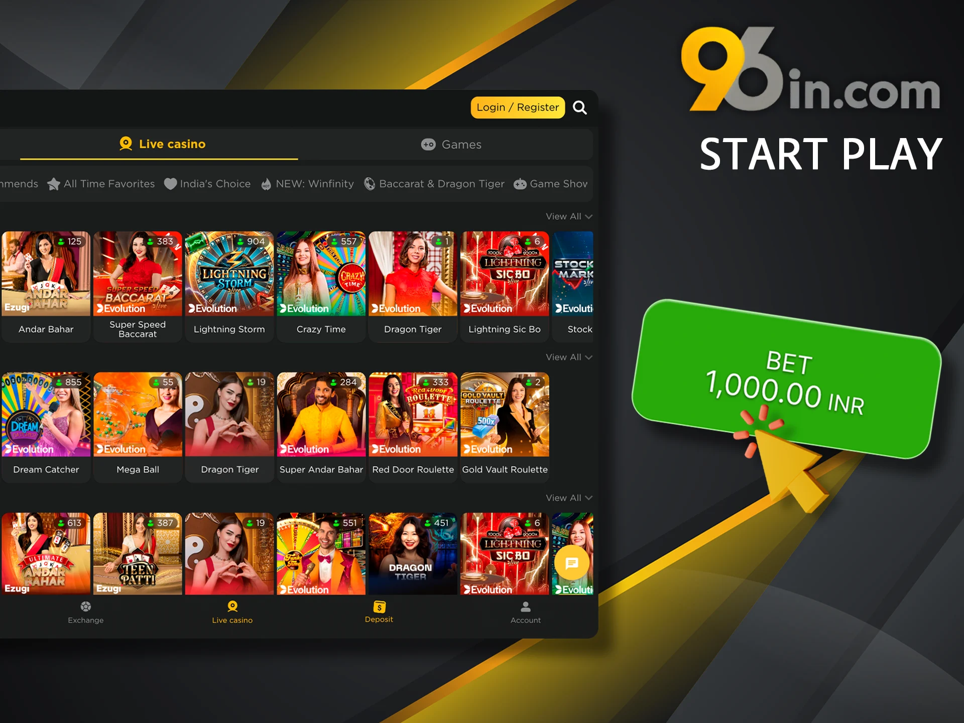 Make your first winning bet in the 96in casino section.