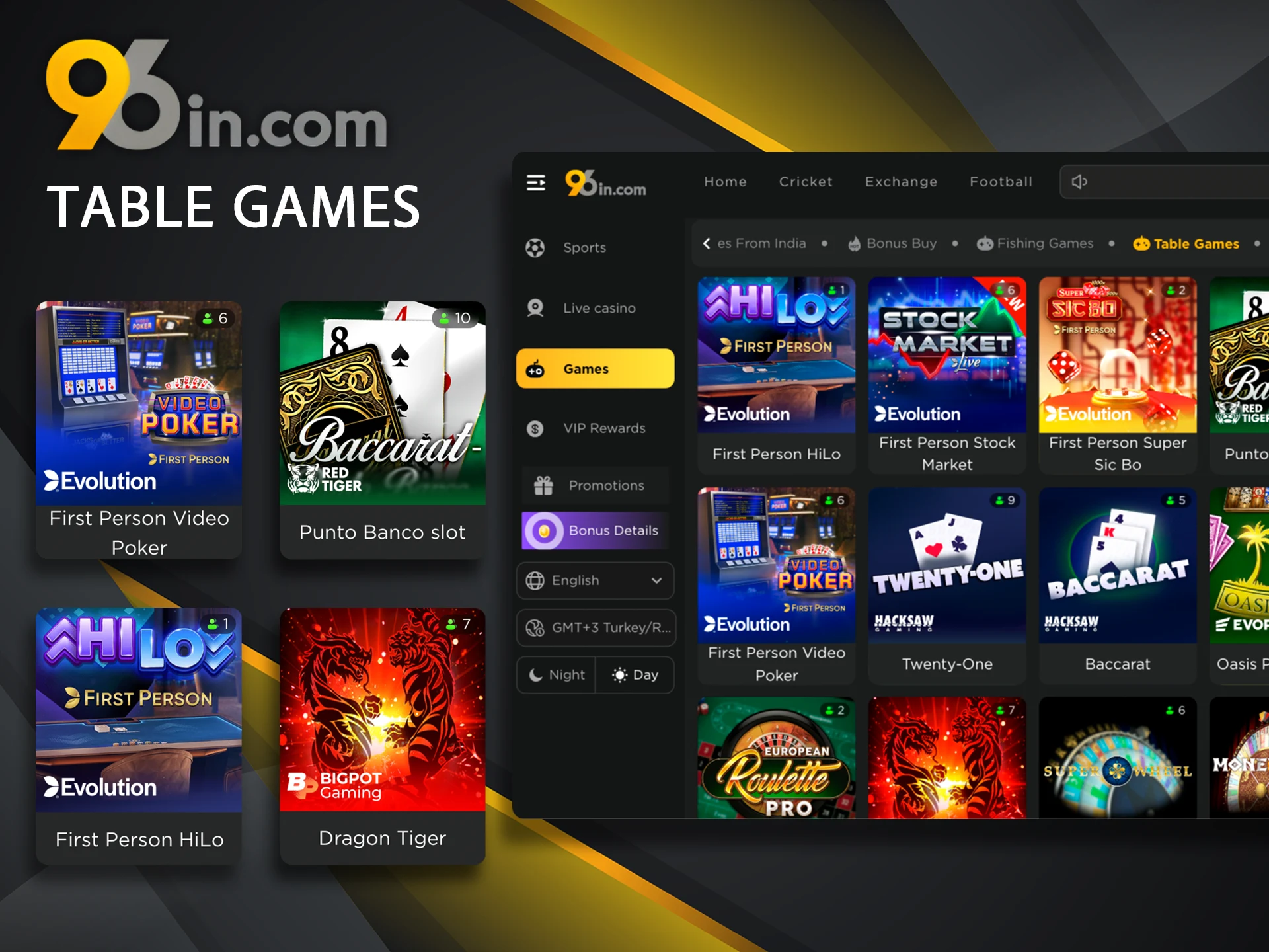 Play and win table games presented in the 96in casino section.