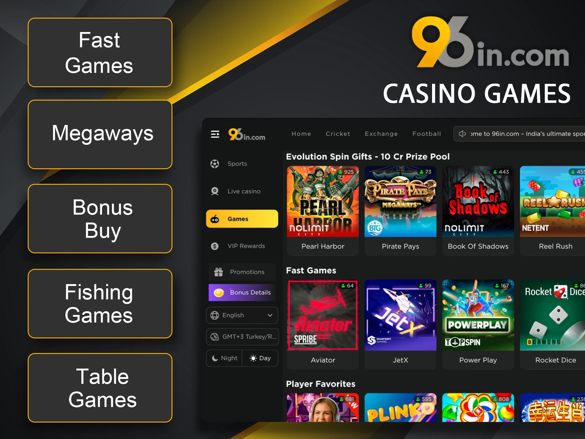 Make a choice among the types of games at 96in casino.