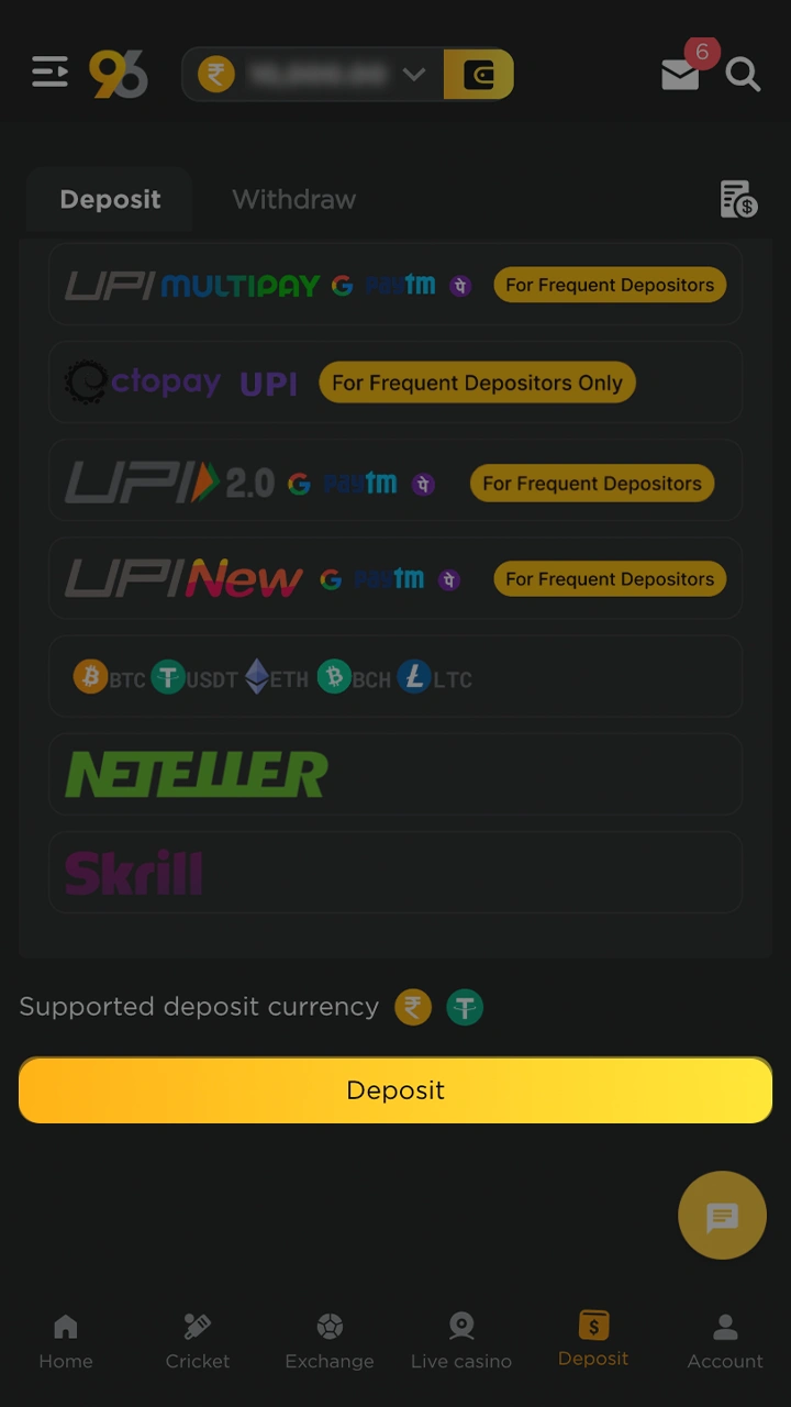 Go to the 96in deposit section to fund your account.