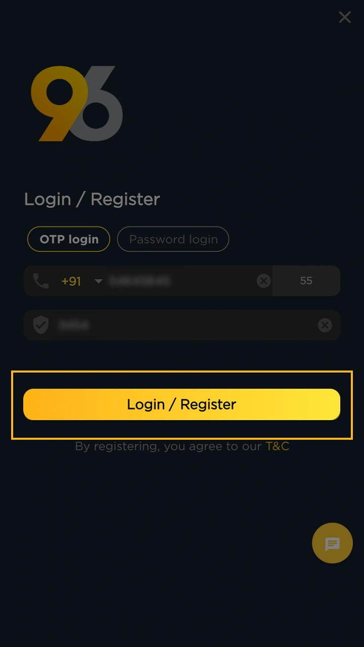 Log in or create a new account at 96in.