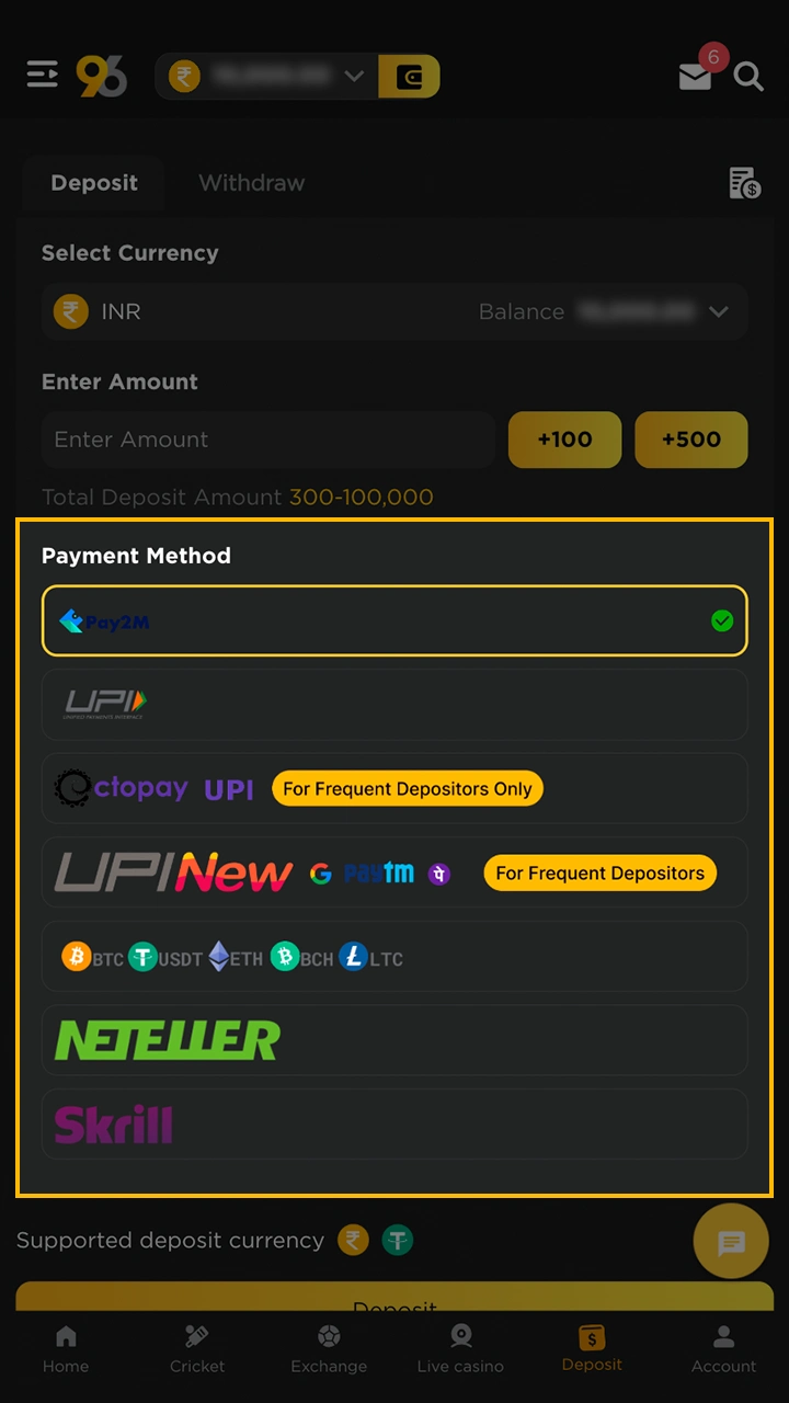Choose an instant top-up method at 96in that is convenient for you.