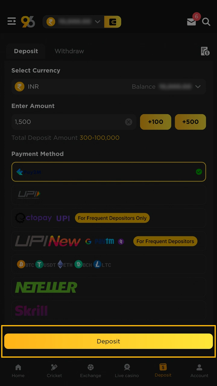 Finish funding your account and move on to betting at 96in.