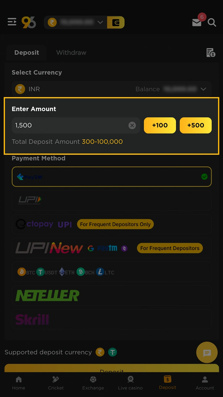 Enter the deposit amount for your future bets in 96in.