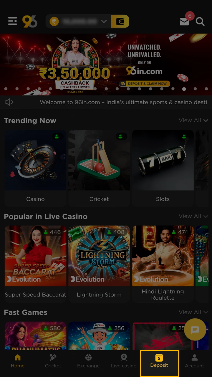 Open the deposit section by clicking on the icon in the 96in menu.
