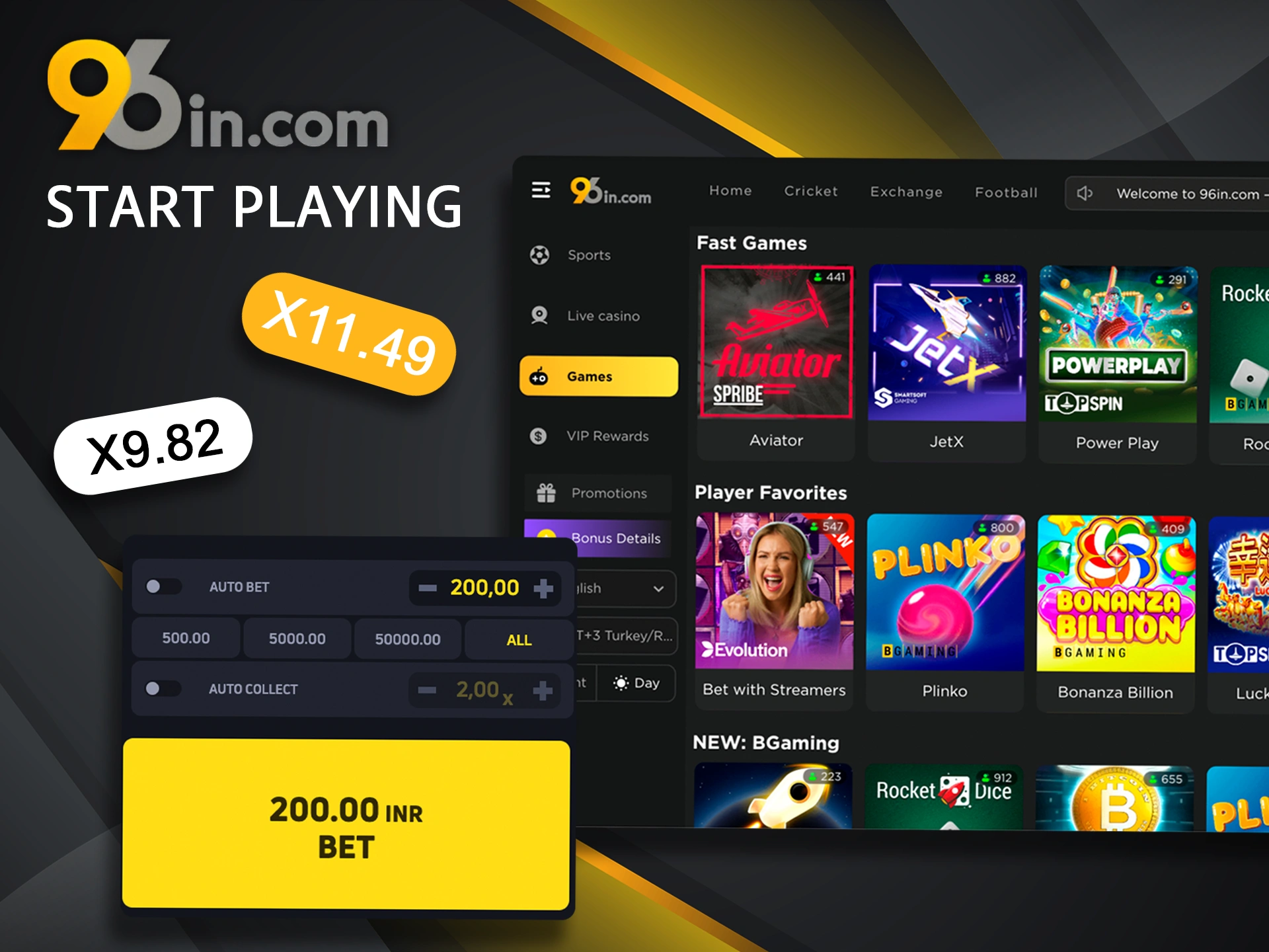 Learn how to start betting on fast games at 96in.