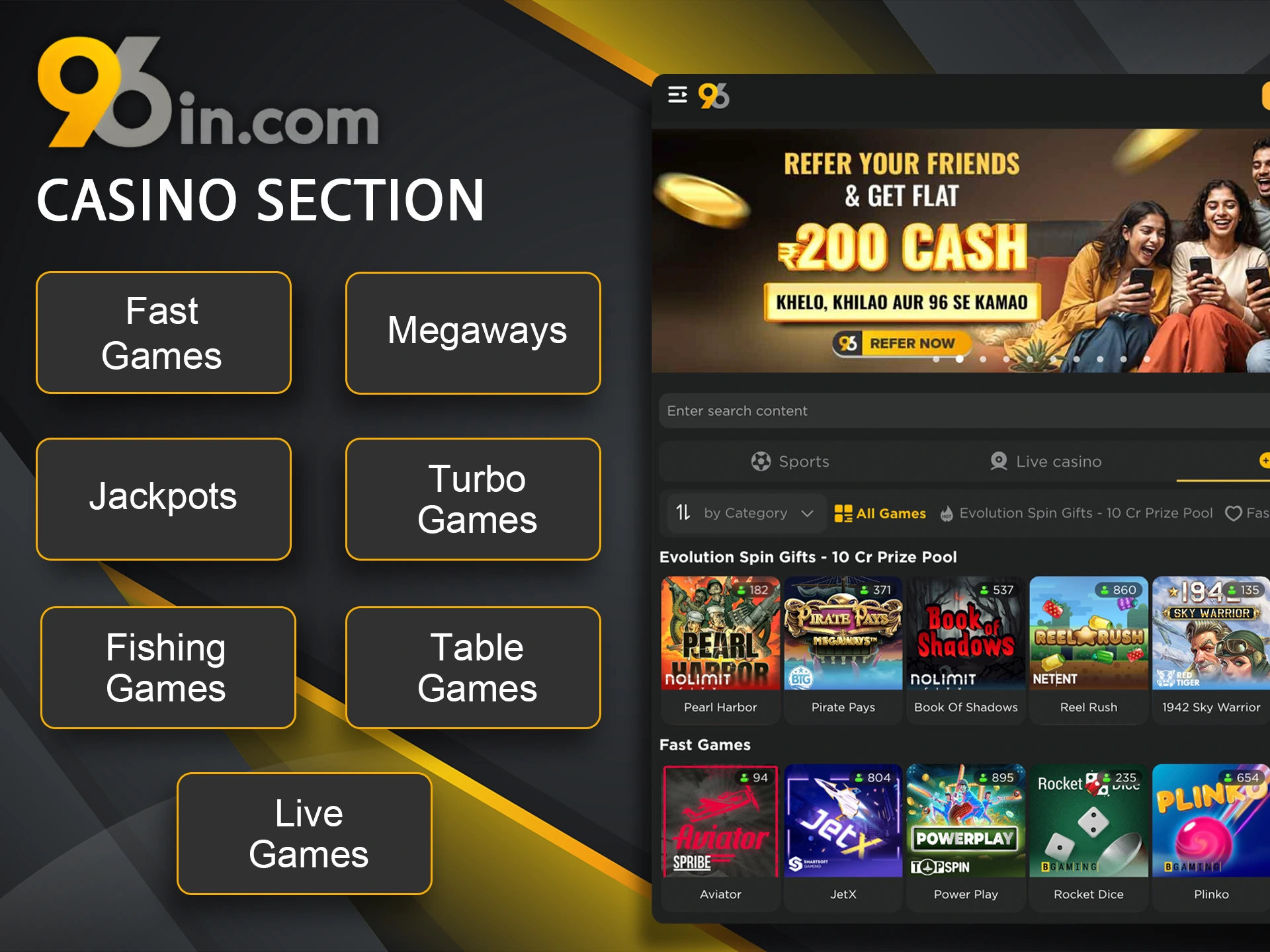 Explore the variety of casino games at 96in.