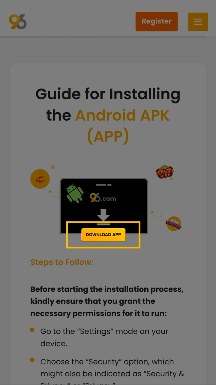 Go to the download page and start installing the 96in app.