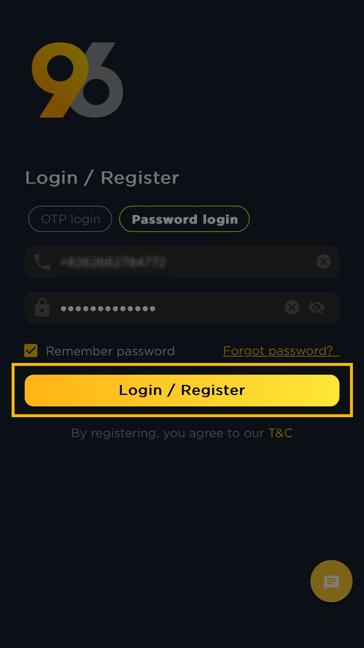 Confirm your login and log in to your 96in account.
