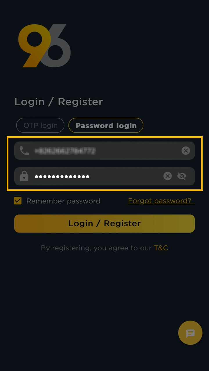 Complete the required fields to log in to your 96in account.
