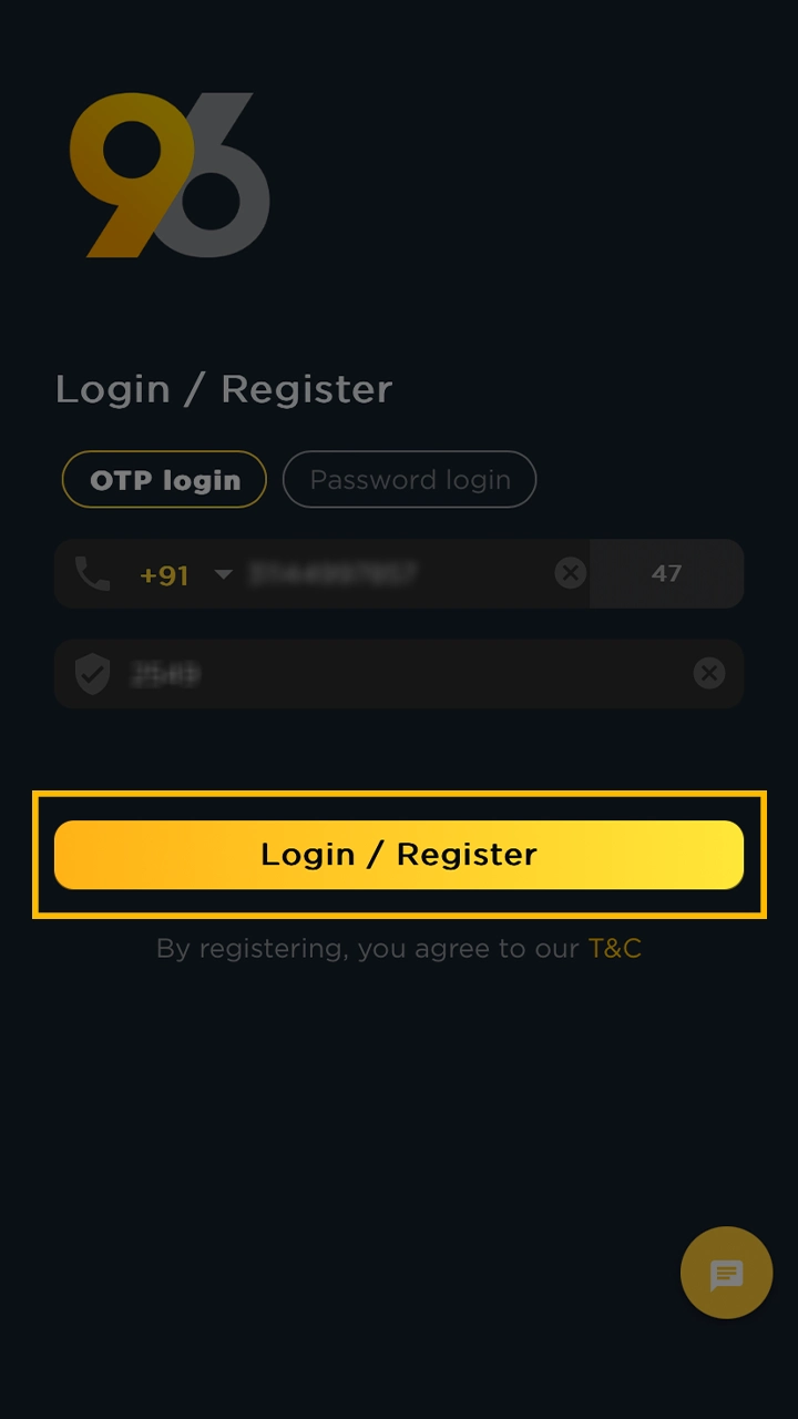 Enter the password from the sms and complete the registration in 96in.