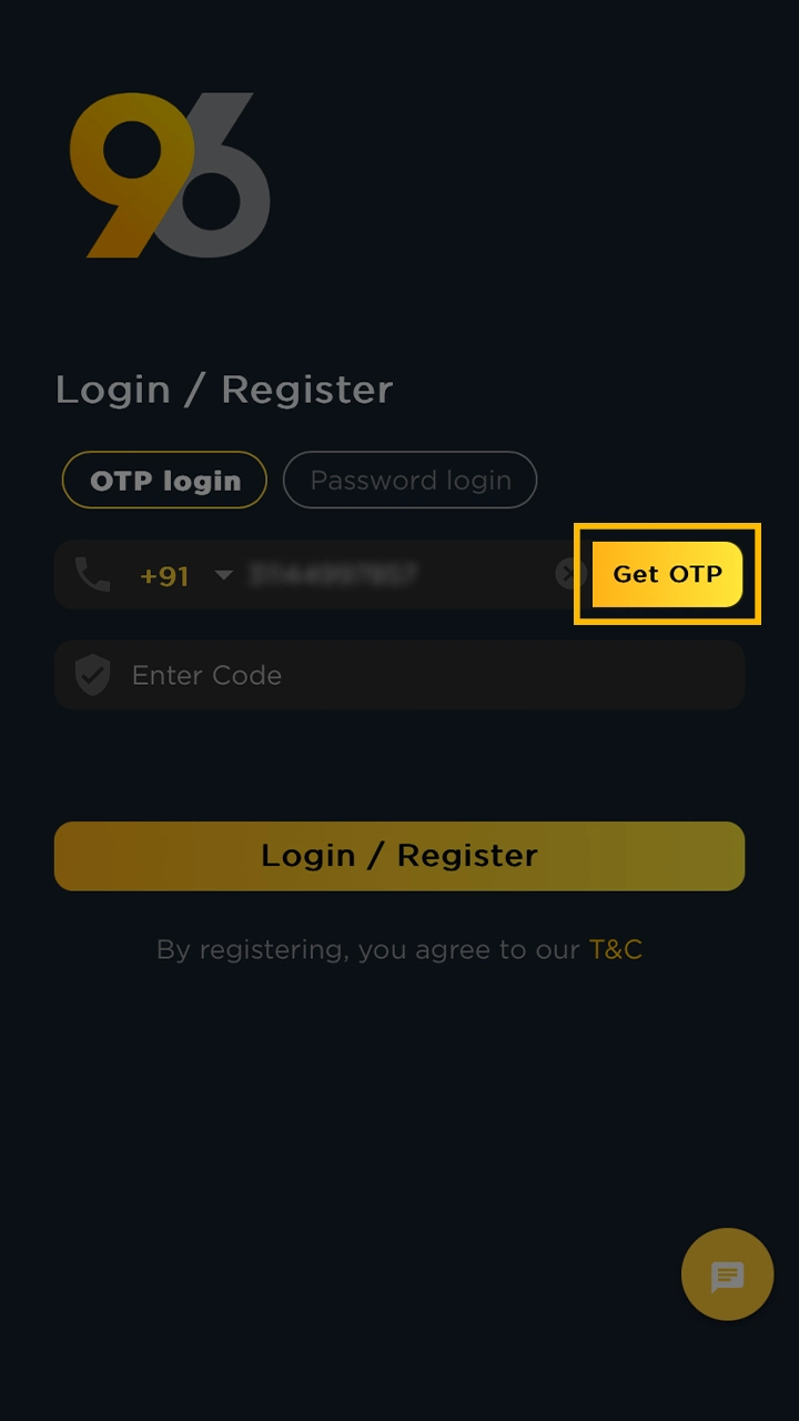 Enter the number and receive a one-time password from 96in.