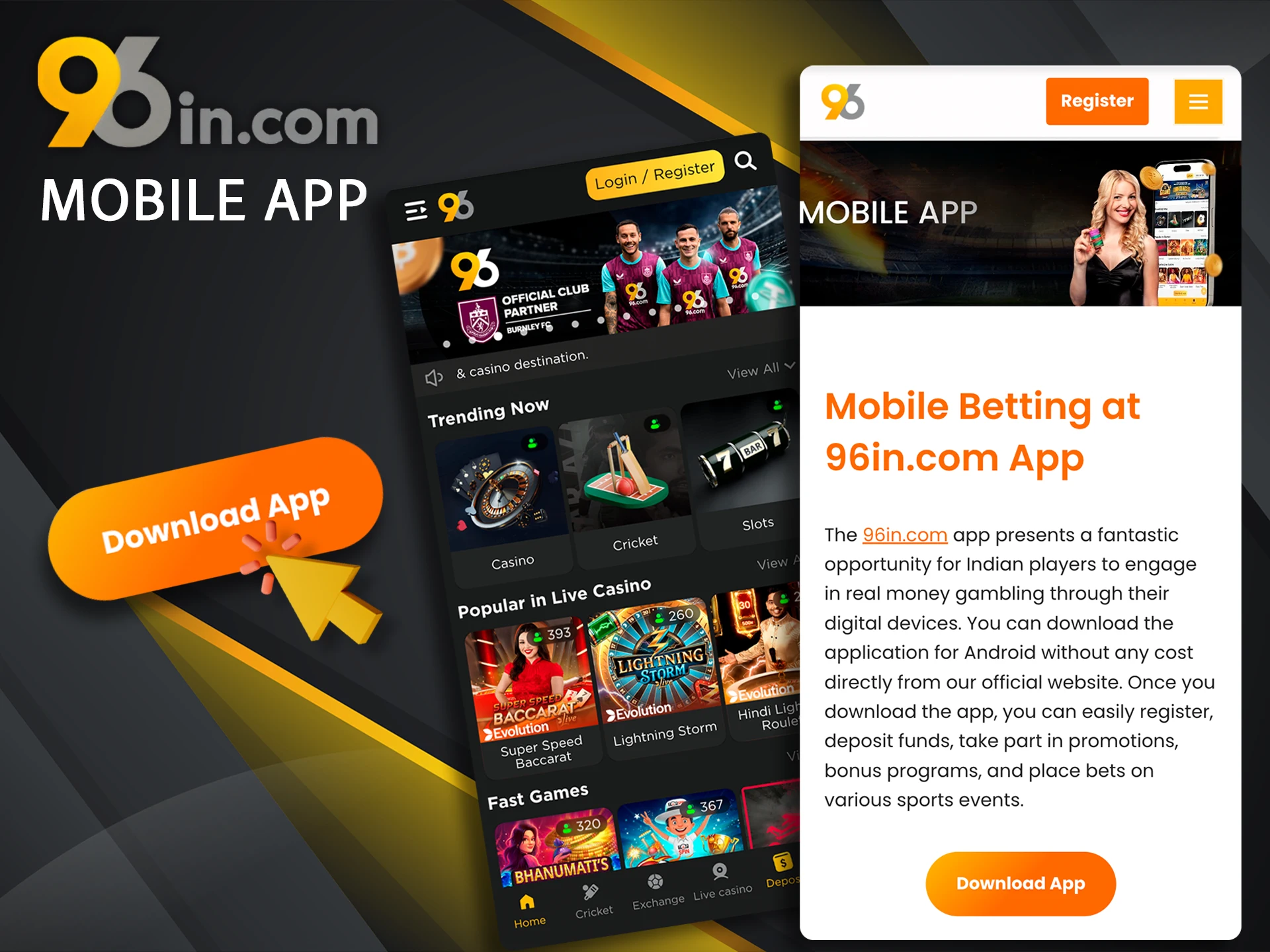 Place your bets anywhere with the 96in app.