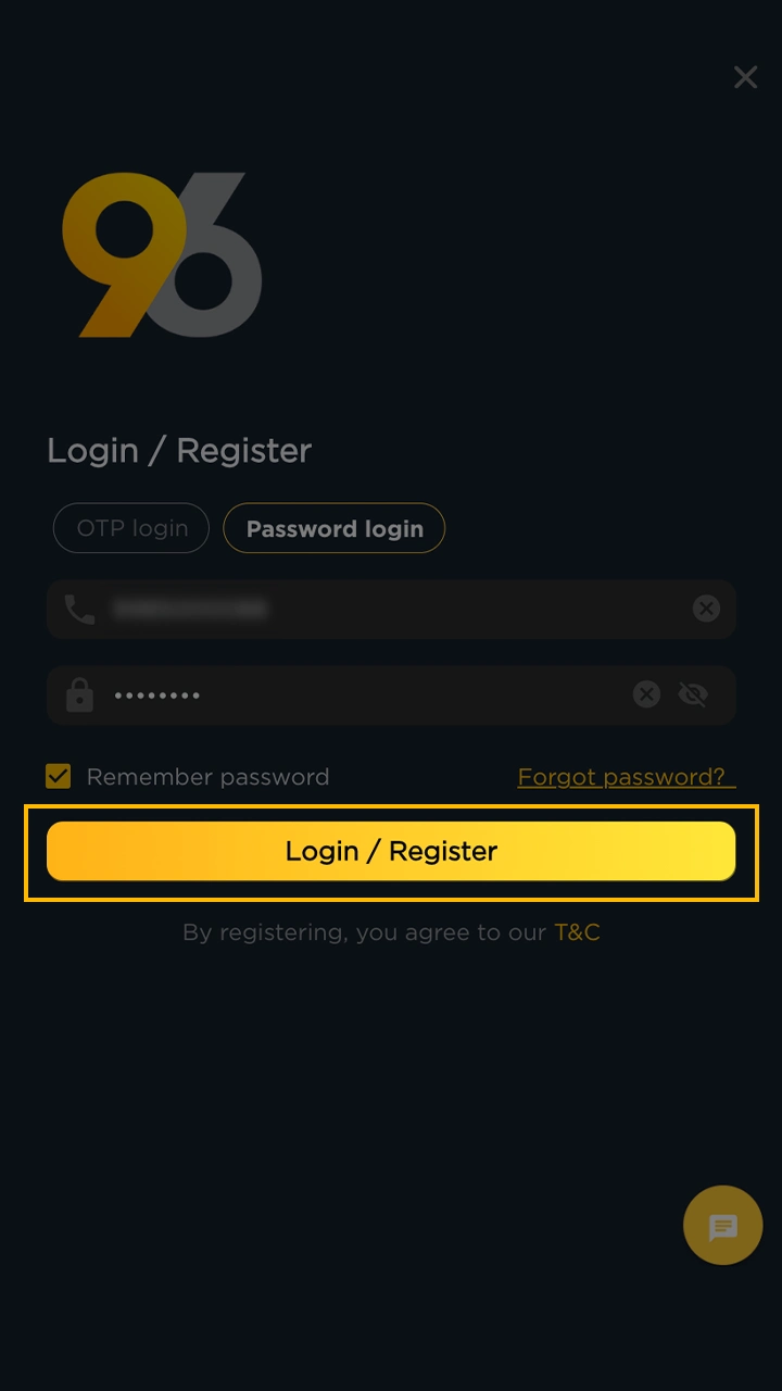 Use your registration details to log in to your 96in account.