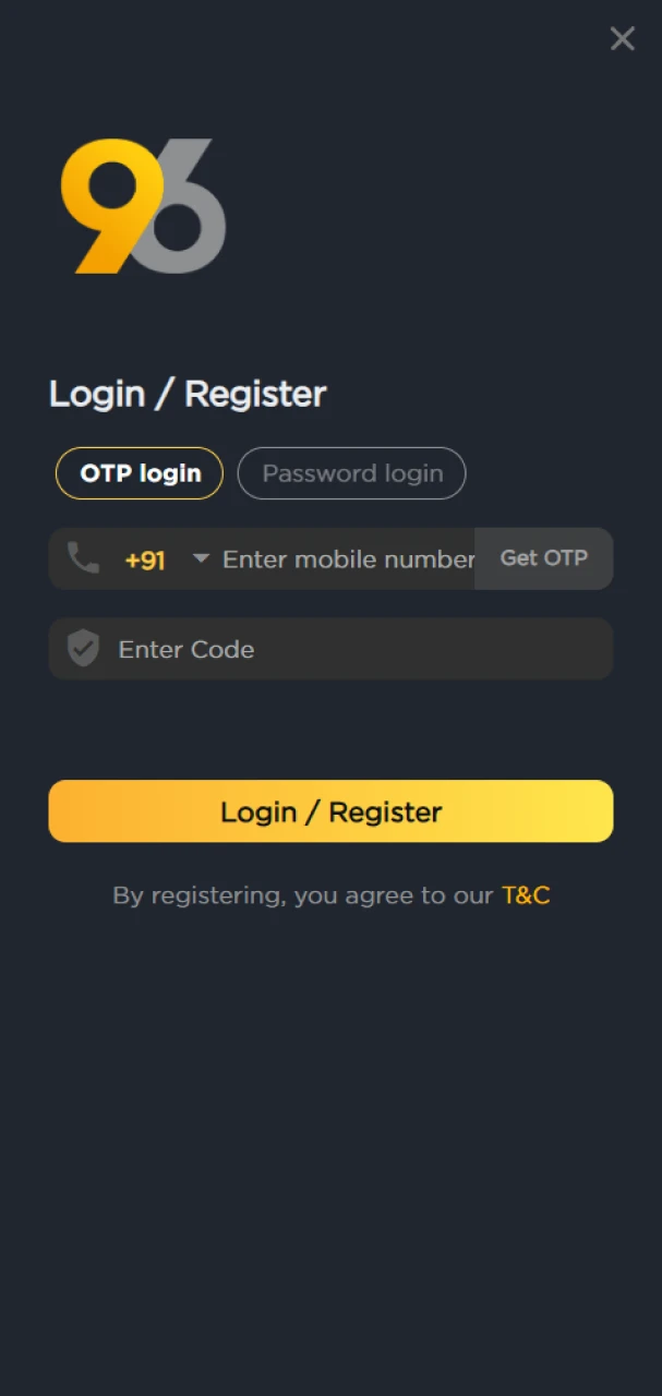 Create a 96in account to start playing Crazy Time.