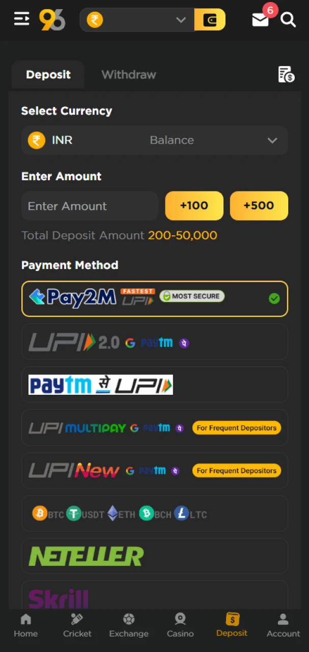 To play, make a deposit into your 96in account.