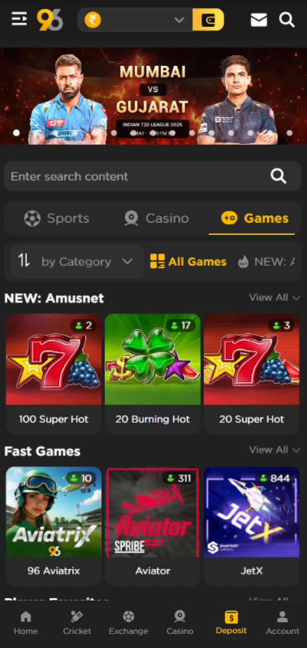 Find the slot games section on the 96in website.